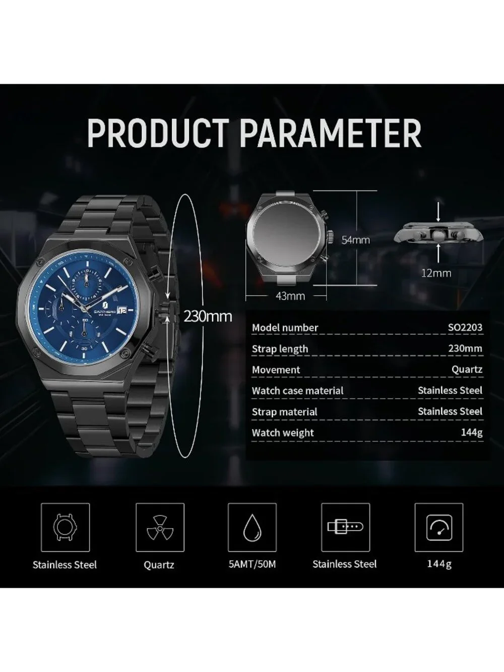 Men's Black Blue Analog Quartz Chronograph Stainless Steel Waterproof Wristwatch